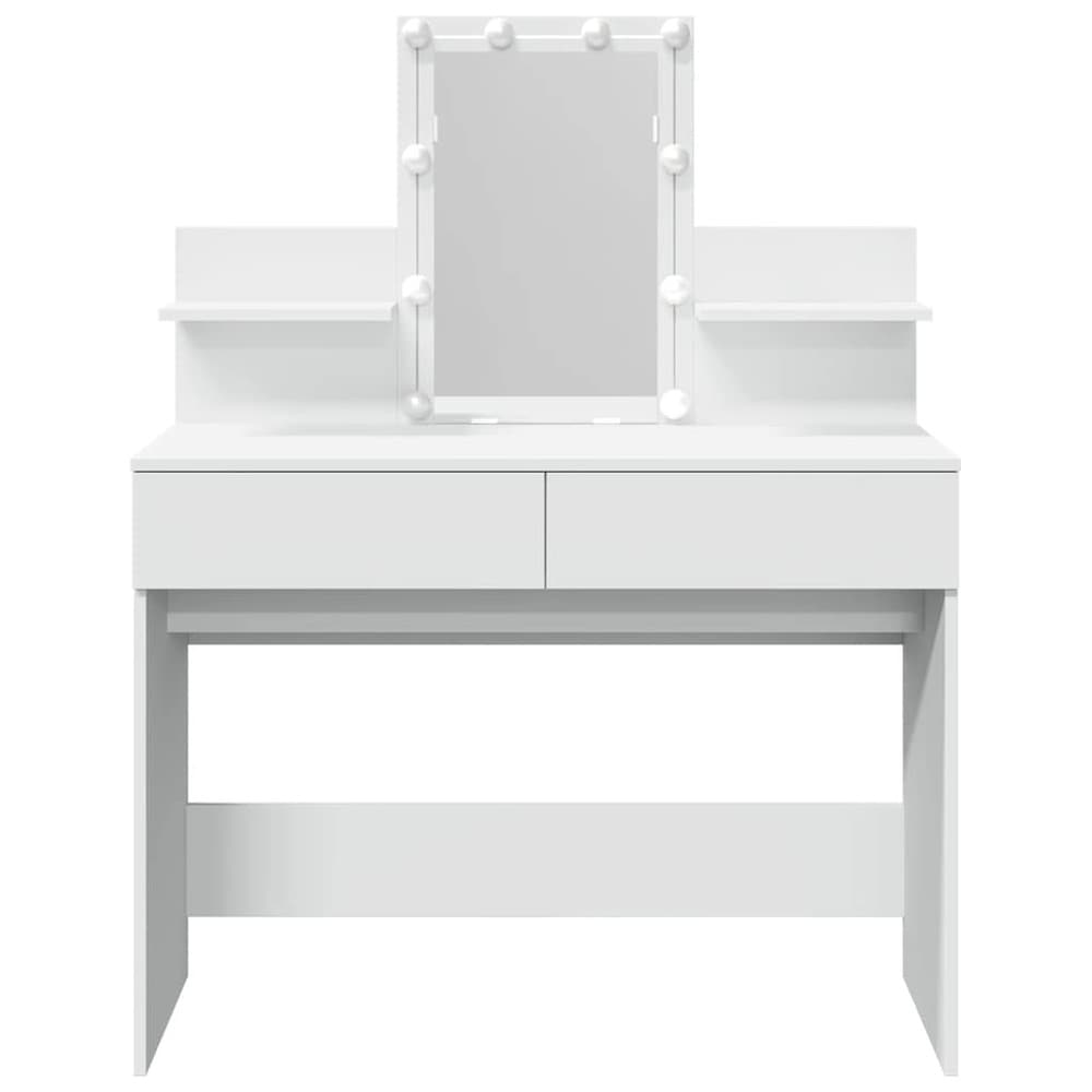 Sminkebord 100×40×130 cm / toalettbord med speil, LED-belysning, 2 skuffer og 2 hyller – Hvit