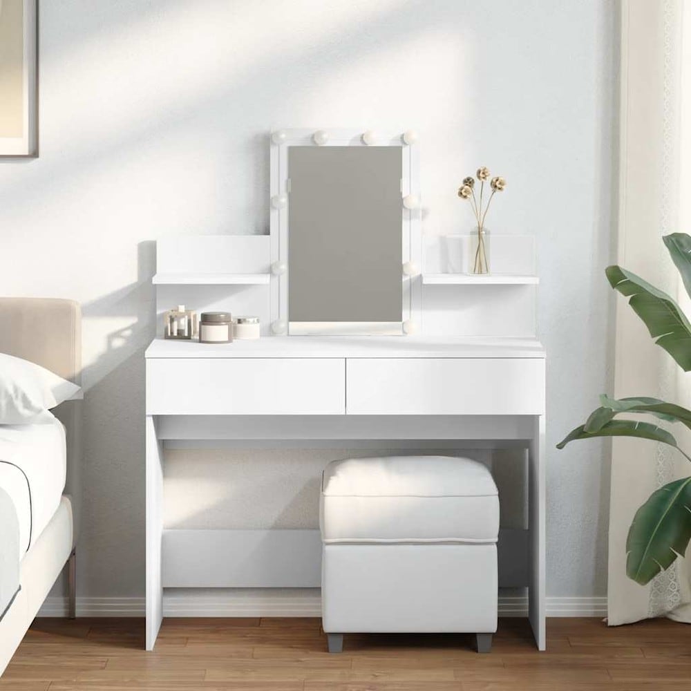 Sminkebord 100×40×130 cm / toalettbord med speil, LED-belysning, 2 skuffer og 2 hyller – Hvit