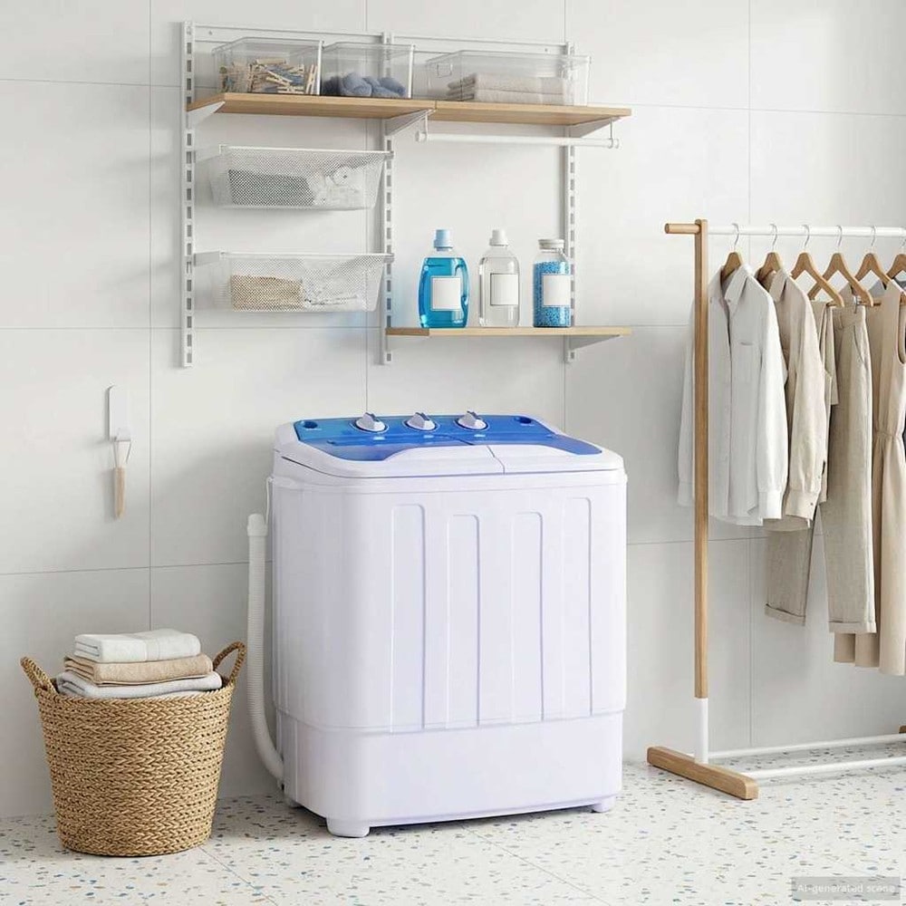 Minivaskemaskin med doble tromler 3,6 kg / kompakt vaskemaskin med sentrifuge 2 kg – Blå/hvit