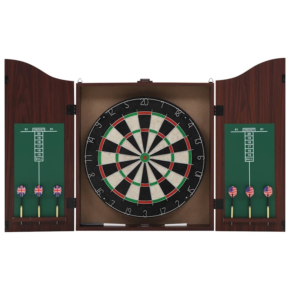 Dartskive i sisal med skap / dartsett med 6 stålpiler og poengtavler