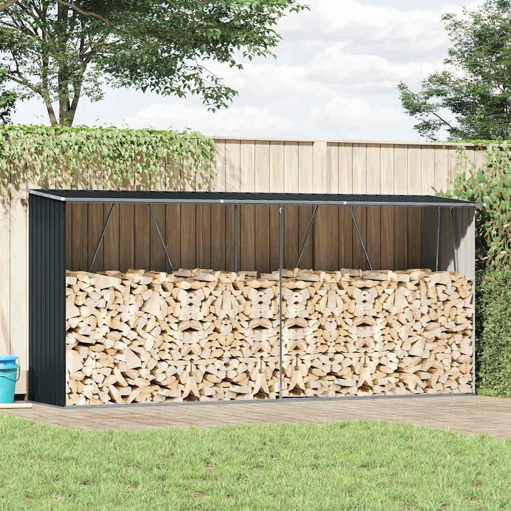 Vedskjul 330×84×152 cm / vedoppbevaring i galvanisert stål / vedbod med skråtak – Antrasitt