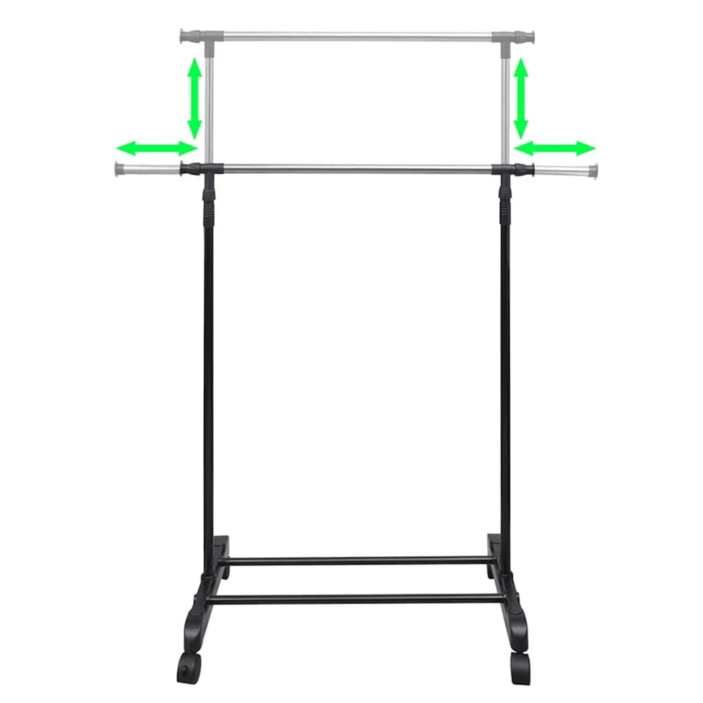 Justerbart klesstativ 84–150×42×108–170 cm / klesstang på hjul – Svart/sølv