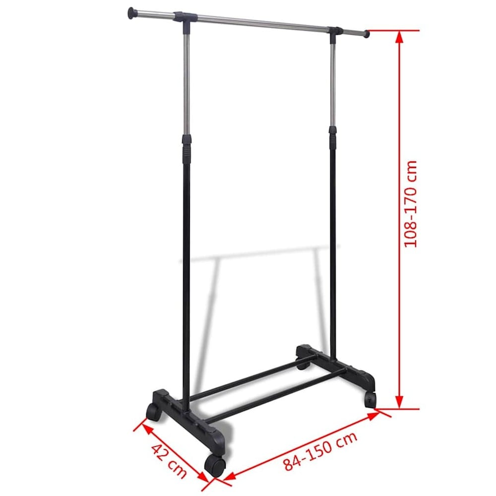 Justerbart klesstativ 84–150×42×108–170 cm / klesstang på hjul – Svart/sølv