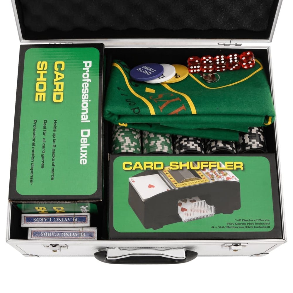 Pokersett med 300 sjetonger / pokerkit med kortblander, spillmatte og aluminiumsveske