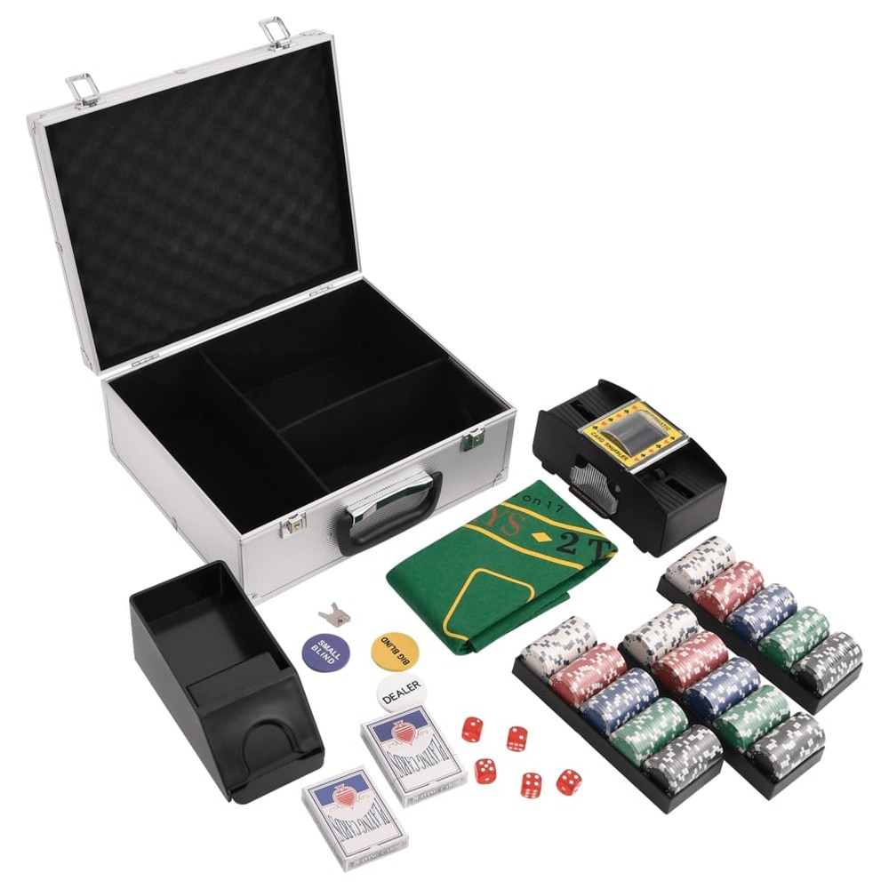 Pokersett med 300 sjetonger / pokerkit med kortblander, spillmatte og aluminiumsveske