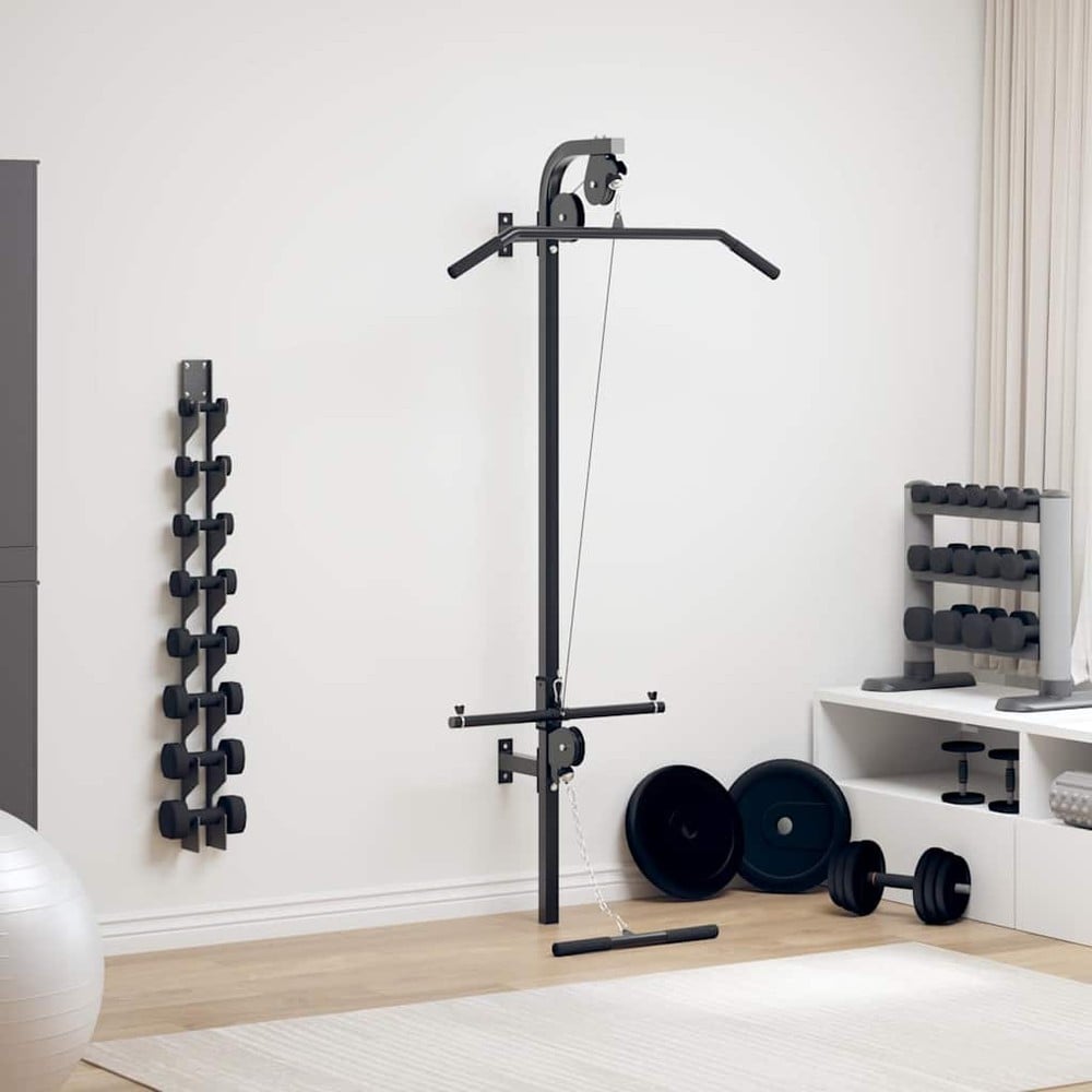 Veggmontert hjemmegym 99×53×194 cm / kabelstasjon med øvre og nedre kabeltrekk – Svart
