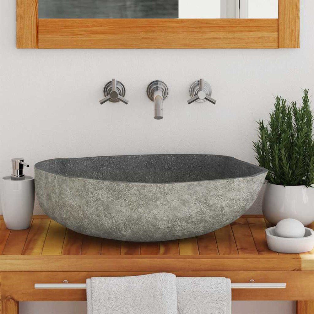 Servant i elvestein 45–53×34–41 cm / oval håndvask i naturstein – Natur