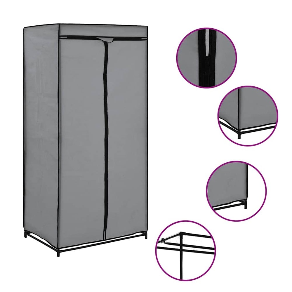 Garderobe i stoff 75×50×160 cm / klesgarderobe med klesstang / stoffgarderobe med glidelås – Grå