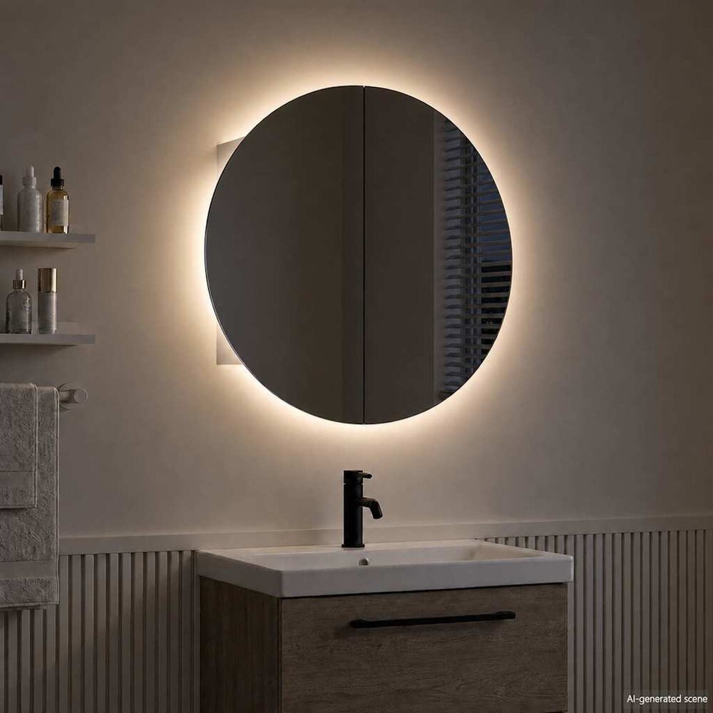 Baderomsskap med rundt speil og LED Ø60 cm / speilskap med 2 hyller – Hvit