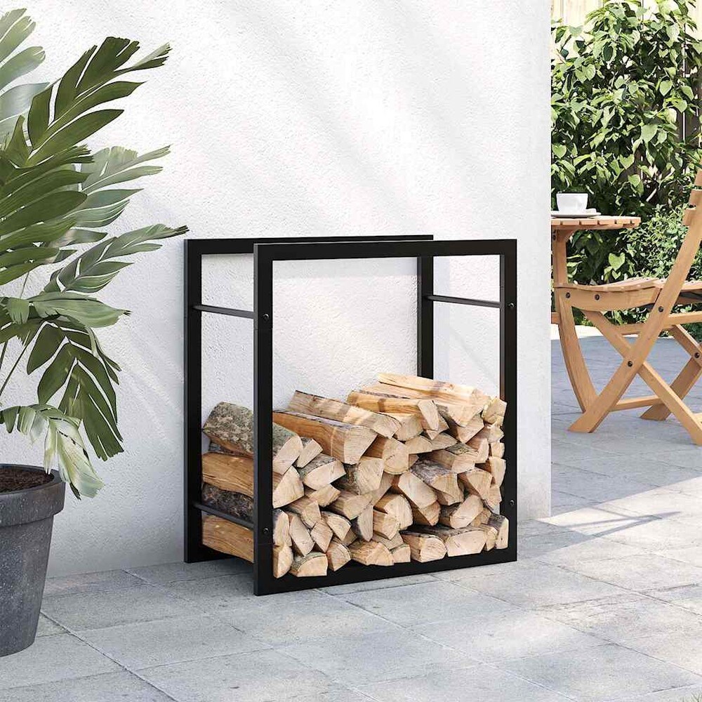 Vedstativ 50×28×56 cm / vedoppbevaring i pulverlakkert stål – Mattsvart