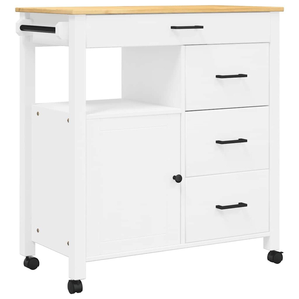 Kjøkkenvogn 84×40×88,5 cm / kjøkkenøy på hjul med 4 skuffer / serveringsvogn – Hvit/natur