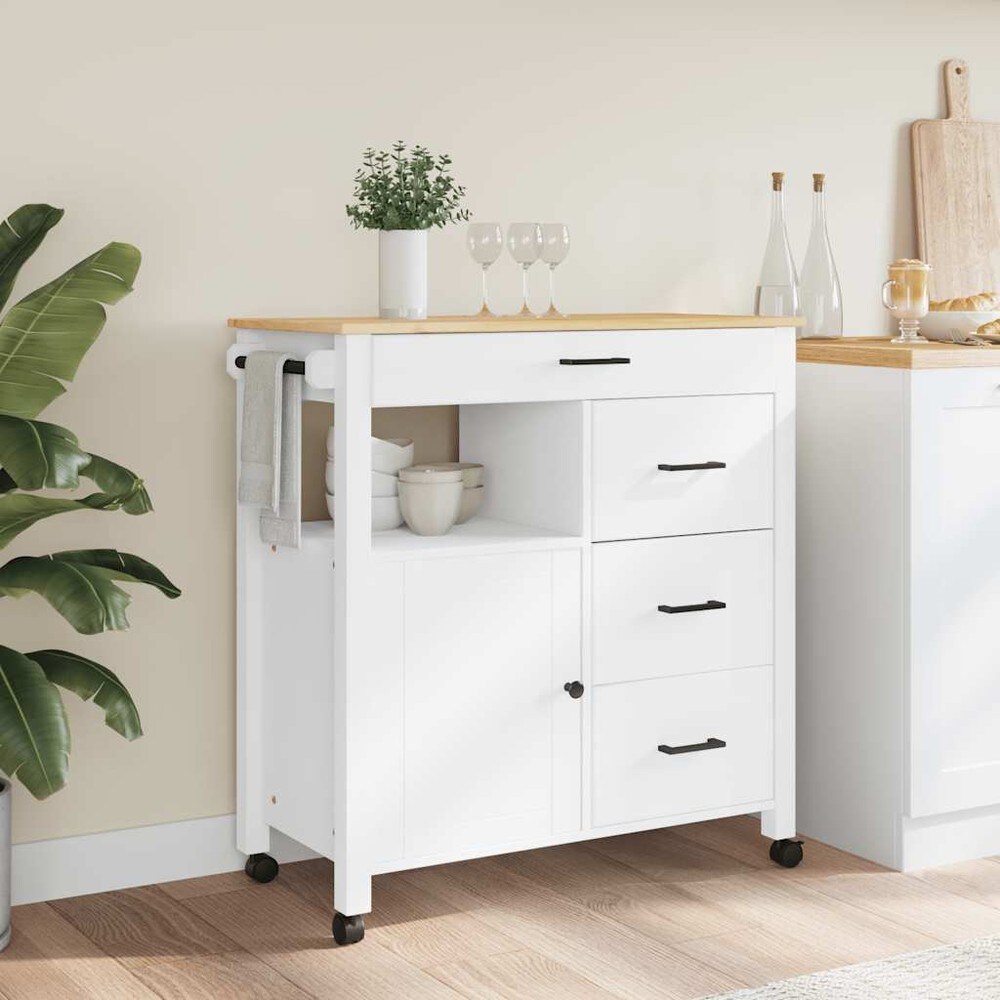 Kjøkkenvogn 84×40×88,5 cm / kjøkkenøy på hjul med 4 skuffer / serveringsvogn – Hvit/natur