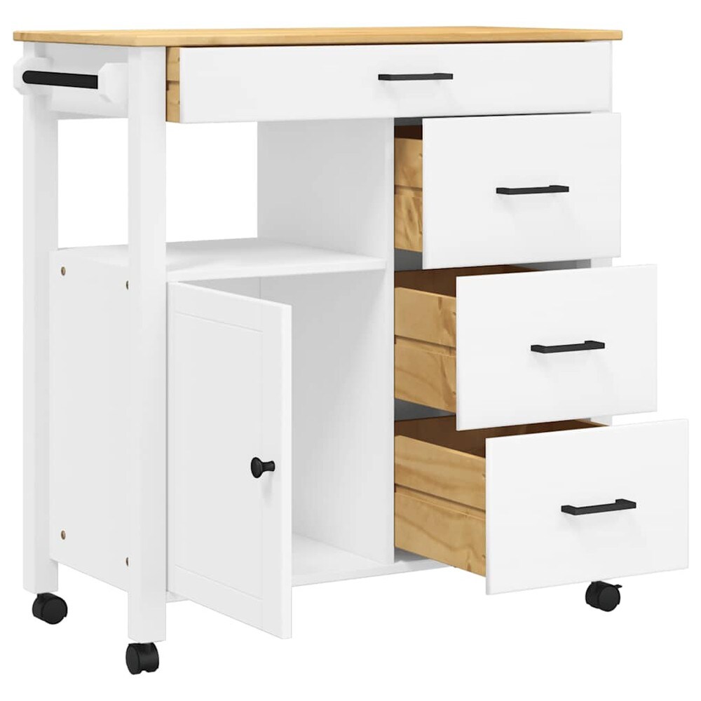 Kjøkkenvogn 84×40×88,5 cm / kjøkkenøy på hjul med 4 skuffer / serveringsvogn – Hvit/natur