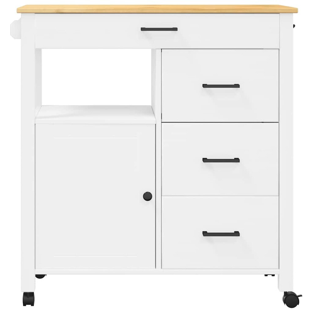 Kjøkkenvogn 84×40×88,5 cm / kjøkkenøy på hjul med 4 skuffer / serveringsvogn – Hvit/natur
