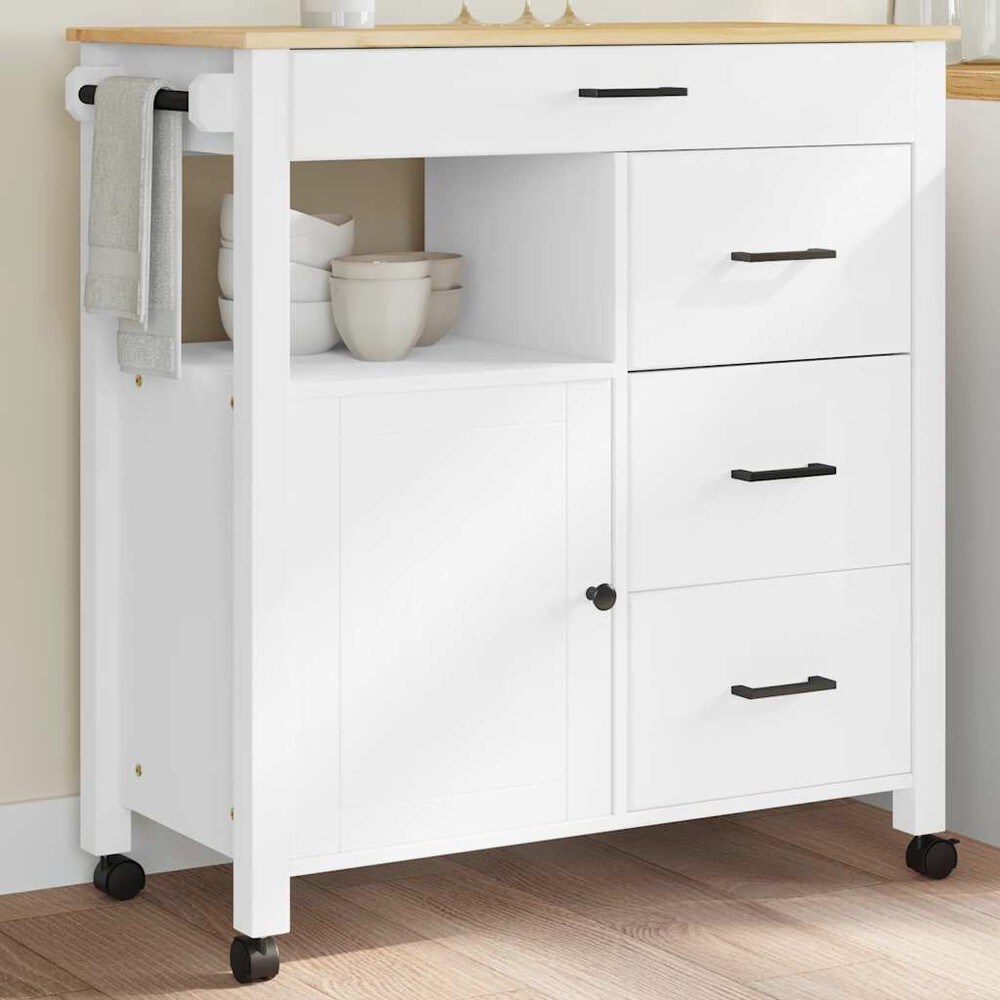 Kjøkkenvogn 84×40×88,5 cm / kjøkkenøy på hjul med 4 skuffer / serveringsvogn – Hvit/natur