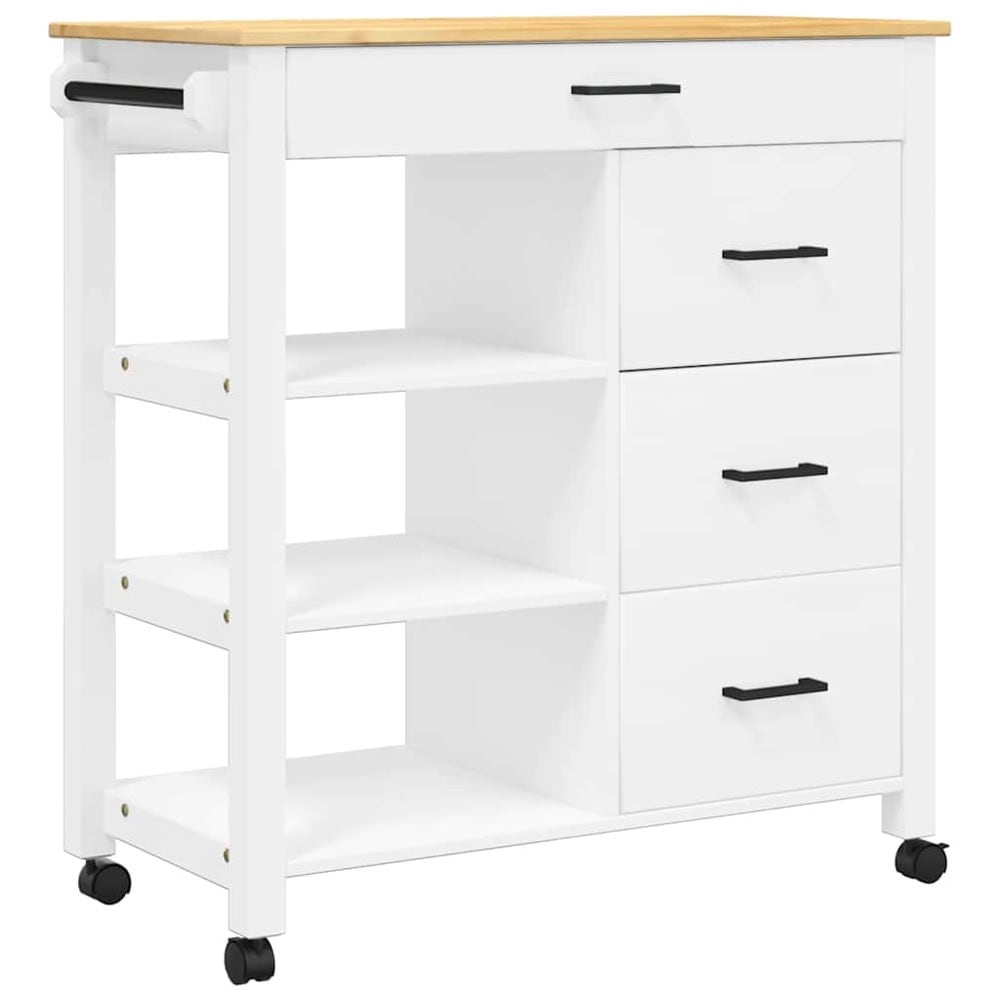 Kjøkkenvogn 84×40×88,5 cm / kjøkkenøy på hjul med 4 skuffer / serveringsvogn – Hvit/natur