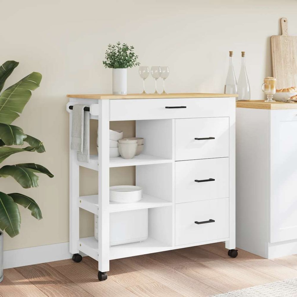 Kjøkkenvogn 84×40×88,5 cm / kjøkkenøy på hjul med 4 skuffer / serveringsvogn – Hvit/natur