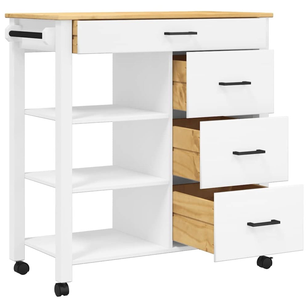 Kjøkkenvogn 84×40×88,5 cm / kjøkkenøy på hjul med 4 skuffer / serveringsvogn – Hvit/natur
