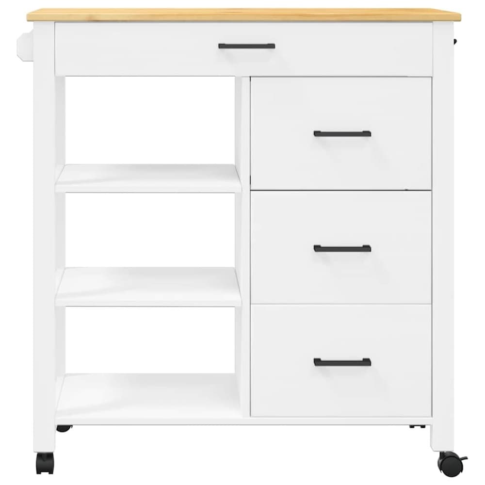 Kjøkkenvogn 84×40×88,5 cm / kjøkkenøy på hjul med 4 skuffer / serveringsvogn – Hvit/natur