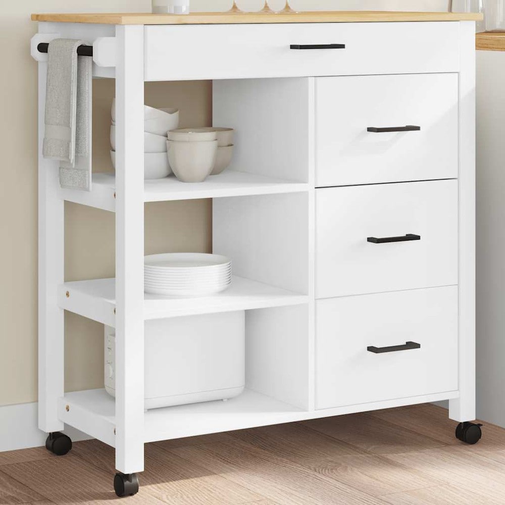 Kjøkkenvogn 84×40×88,5 cm / kjøkkenøy på hjul med 4 skuffer / serveringsvogn – Hvit/natur