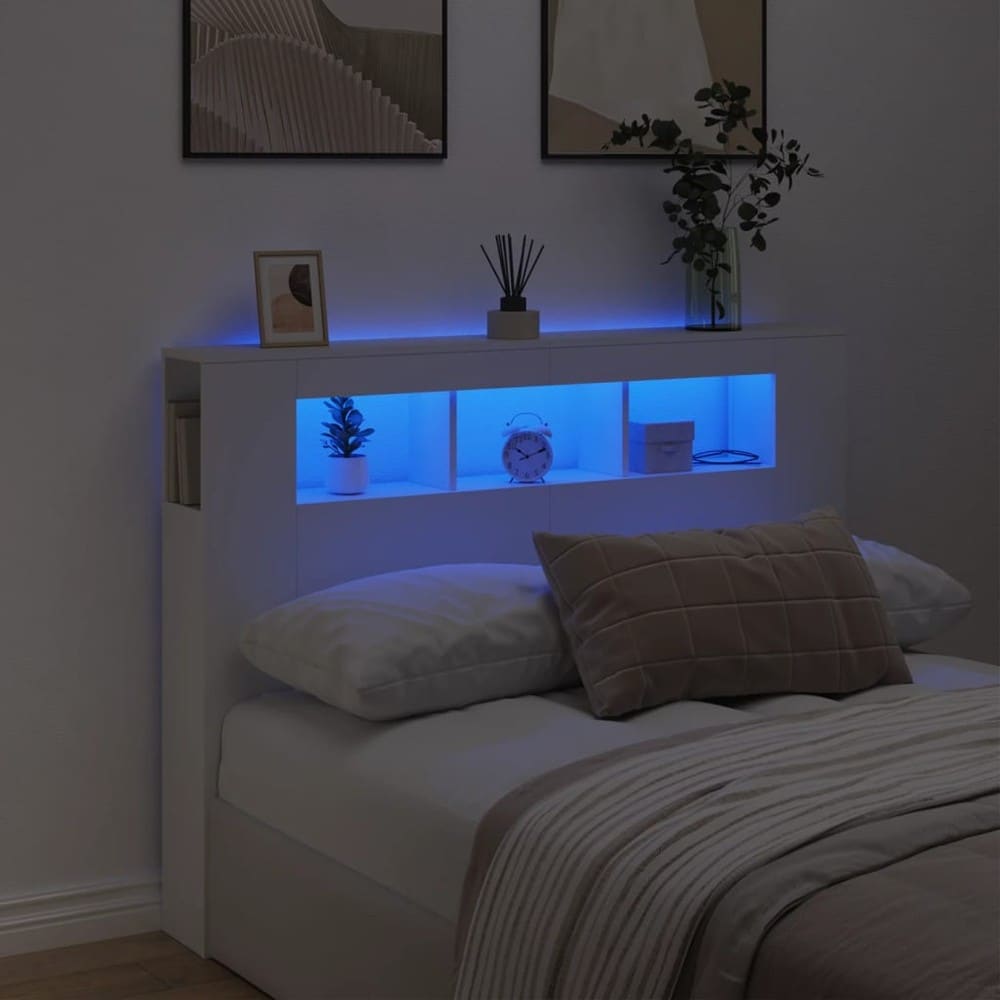 Sengegavl med LED 140×18,5×103,5 cm / hodegavl med RGB-belysning og avlastningsflate – Hvit