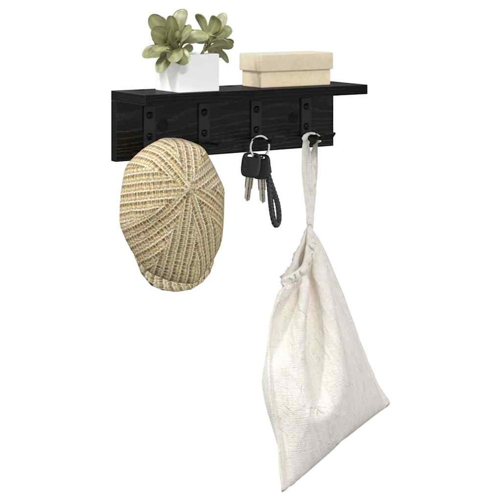 Hattehylle 40×10,5×10,5 cm / vegghylle med kroker / klesoppheng til gang – Svart