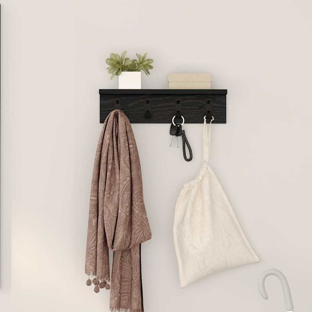 Hattehylle 40×10,5×10,5 cm / vegghylle med kroker / klesoppheng til gang – Svart
