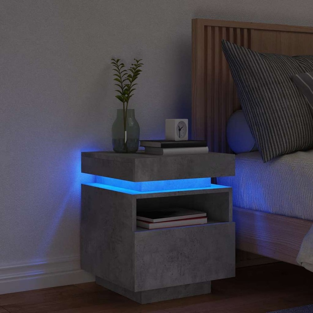 Nattbord 40×39×48,5 cm / sengebord med RGB LED-belysning og oppbevaring – Betonggrå