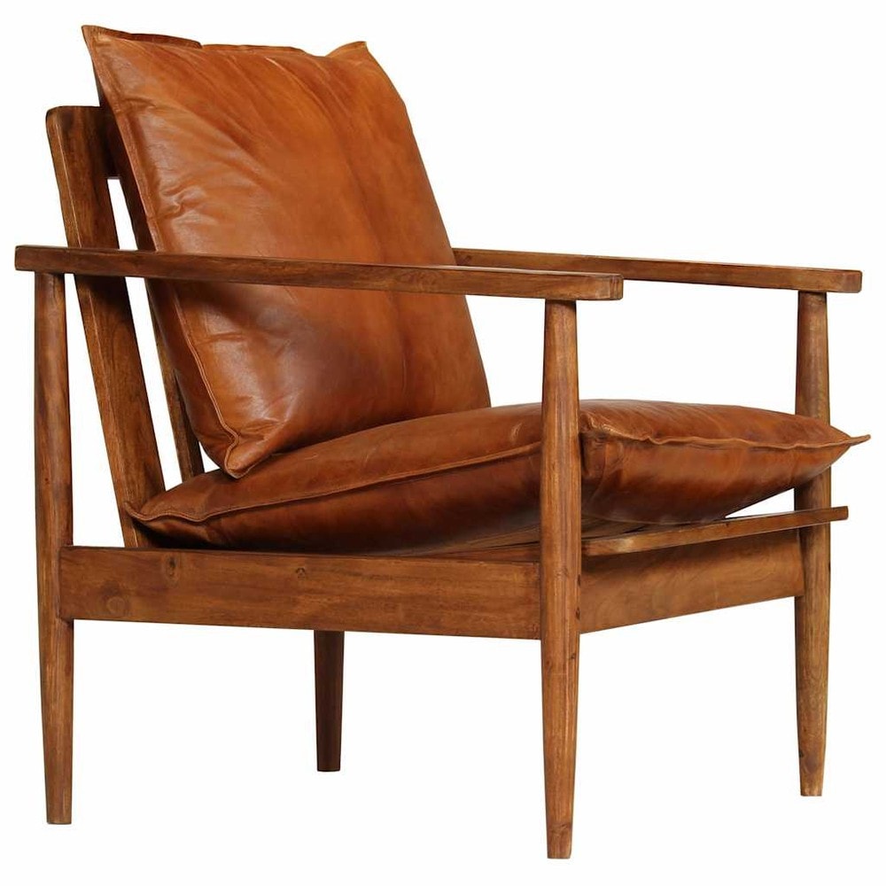 Lenestol i ekte skinn og akasietre 52×65×72 cm / retro skinnstol / loungestol – Brun