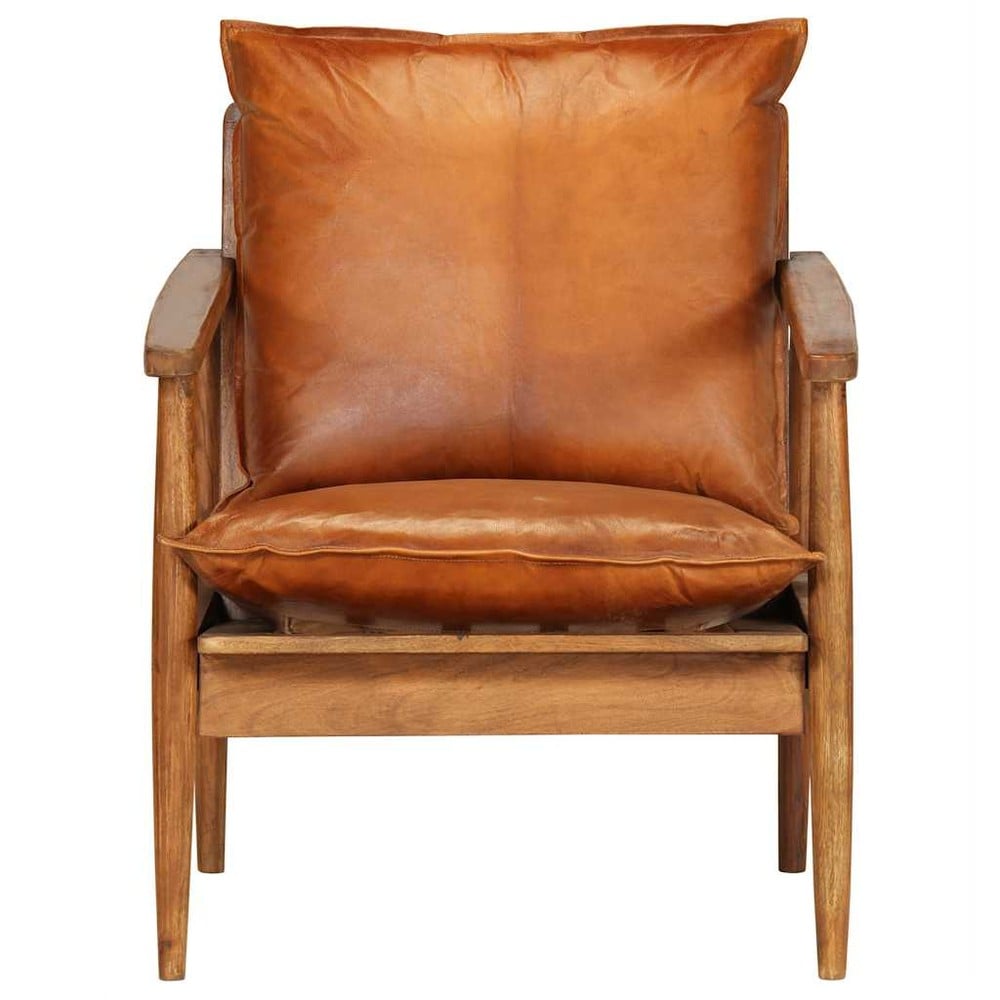 Lenestol i ekte skinn og akasietre 52×65×72 cm / retro skinnstol / loungestol – Brun