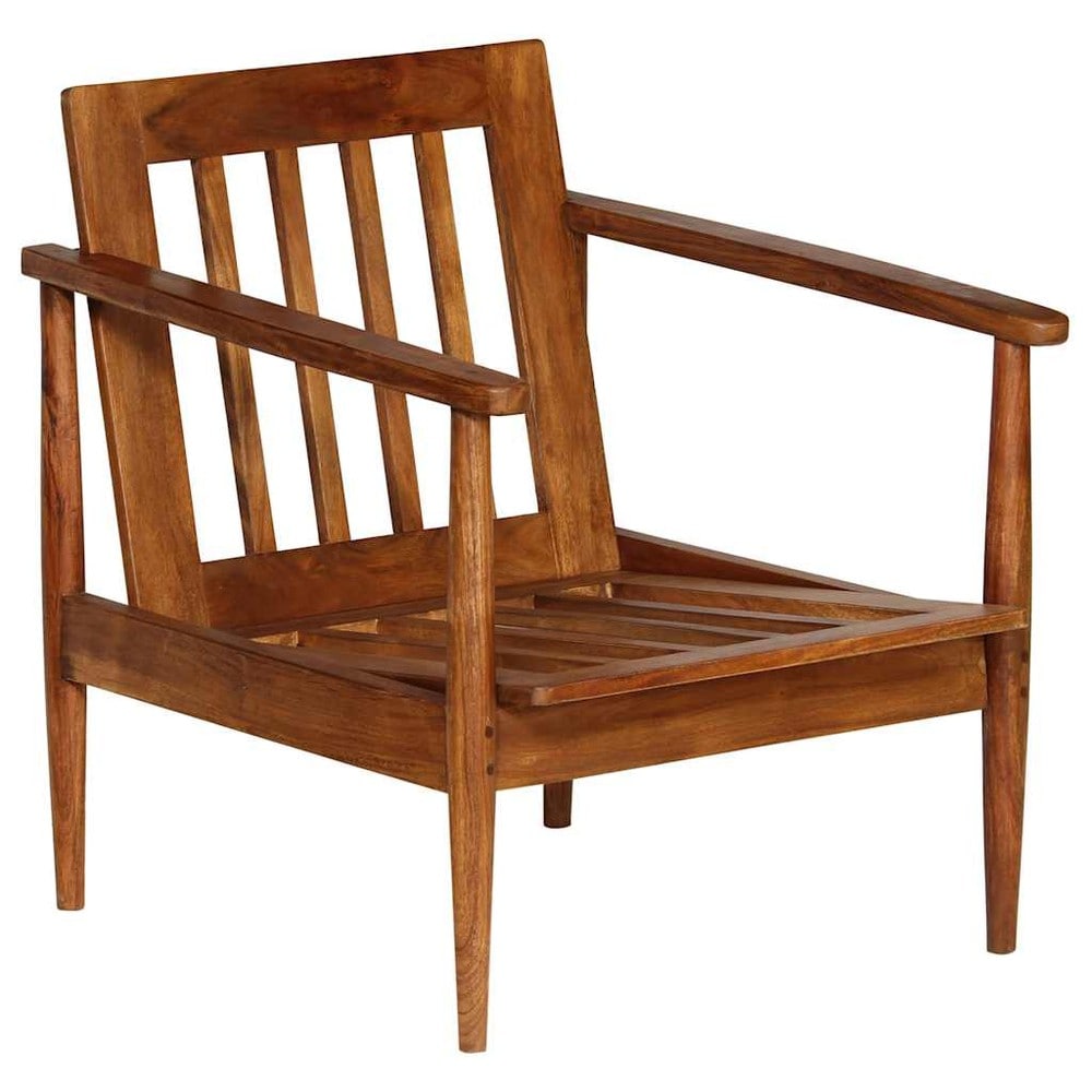 Lenestol i ekte skinn og akasietre 52×65×72 cm / retro skinnstol / loungestol – Brun