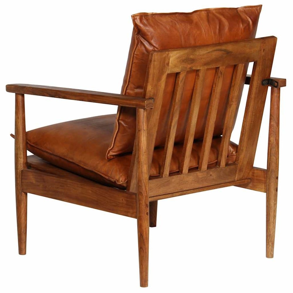Lenestol i ekte skinn og akasietre 52×65×72 cm / retro skinnstol / loungestol – Brun