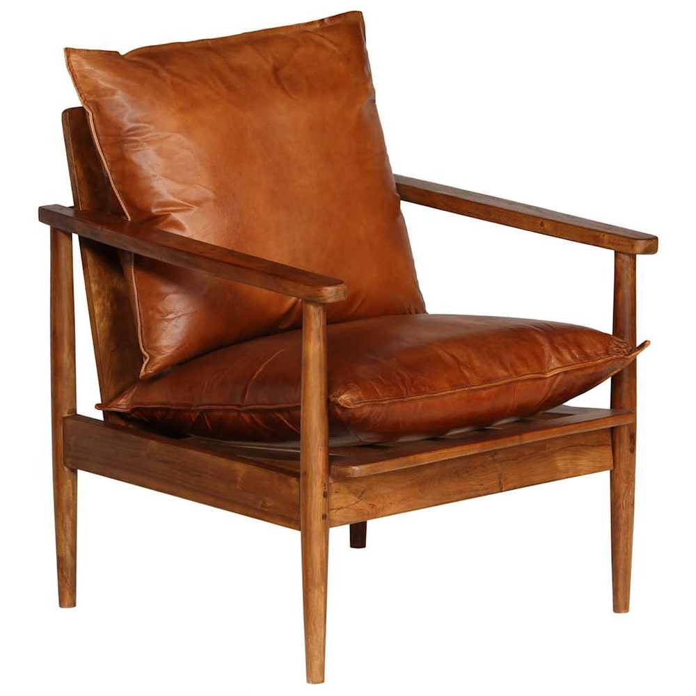 Lenestol i ekte skinn og akasietre 52×65×72 cm / retro skinnstol / loungestol – Brun