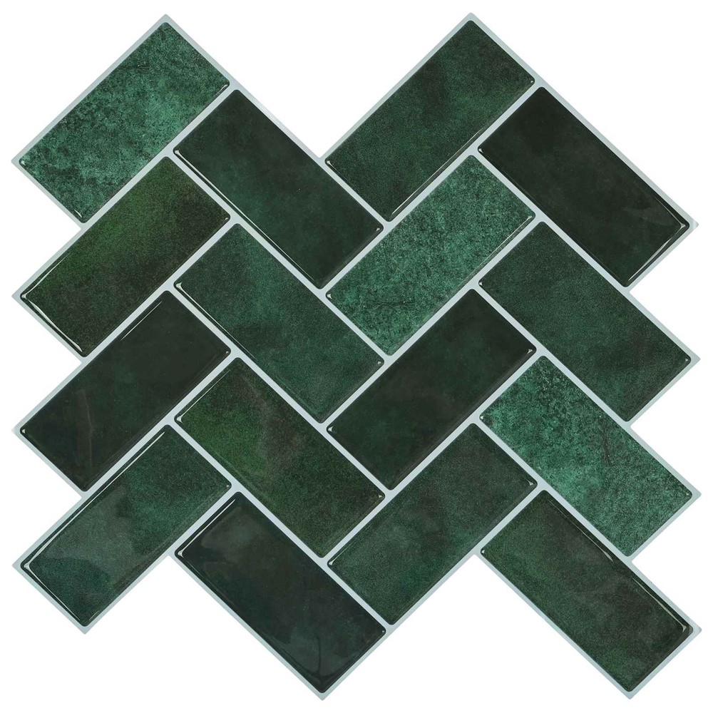 10 selvklebende veggfliser, 30×30 cm / dekorfliser i fiskebeinmønster / veggdekor – Mørkegrønn
