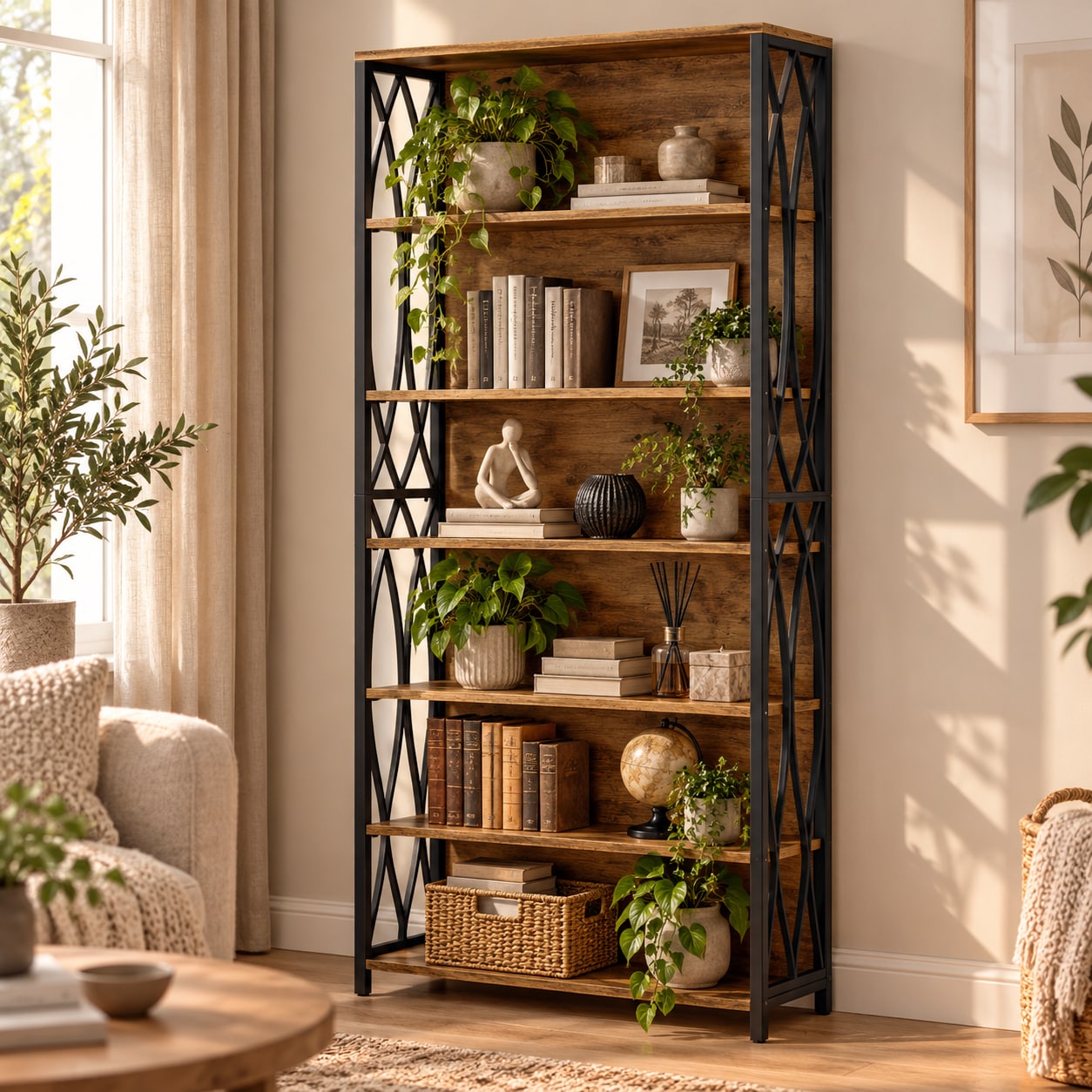 Bokhylle 80×28×180 cm med 6 hyller / åpen oppbevaringshylle med metallramme – rustikk brun/svart