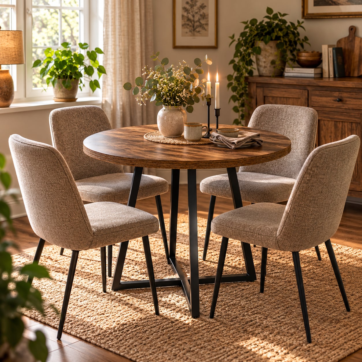 Spisebord for 4 personer med metallben / Rundt kjøkkenbord / Rundt spisebord med brun trelook