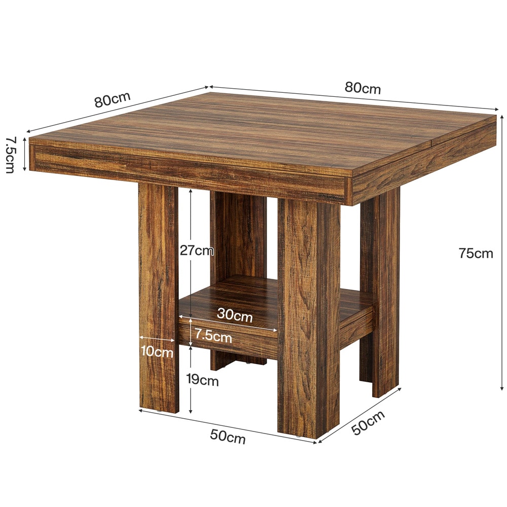 Firkantet spisebord 80 x 80 cm for 4 personer – Brunt / Kjøkkenbord med hylle / Spisebord