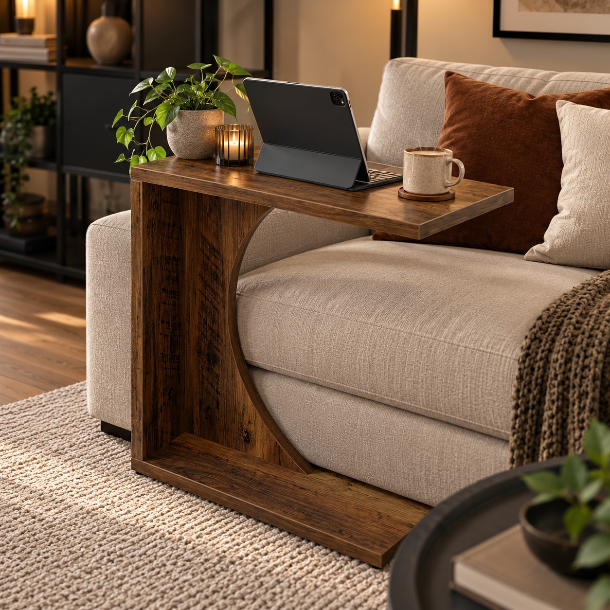 Sidebord i C-format 60 x 30 x 65 cm – Mørkebrun / Sofabord til bærbar PC / Sidebord ved sofaen
