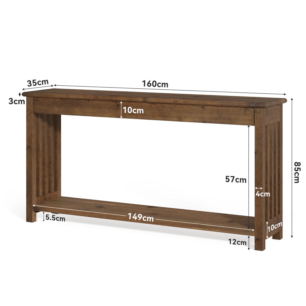 Konsollbord i massivt tre med 2 hyller, 160 cm – Brunt / Entrébord i tre / Oppbevaringsbord