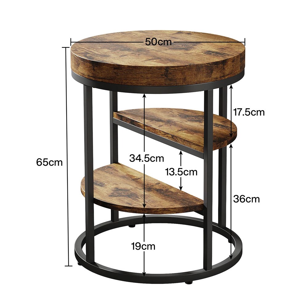 Rundt sidebord med 3 hyller – Rustikk brun/Svart / Sidebord til sofa / Rundt nattbord