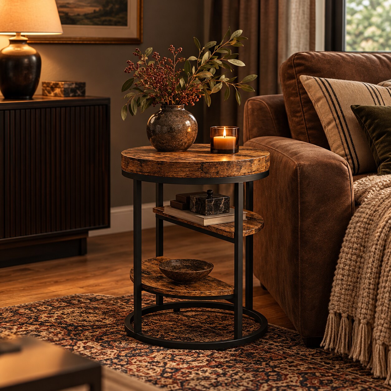 Rundt sidebord med 3 hyller – Rustikk brun/Svart / Sidebord til sofa / Rundt nattbord