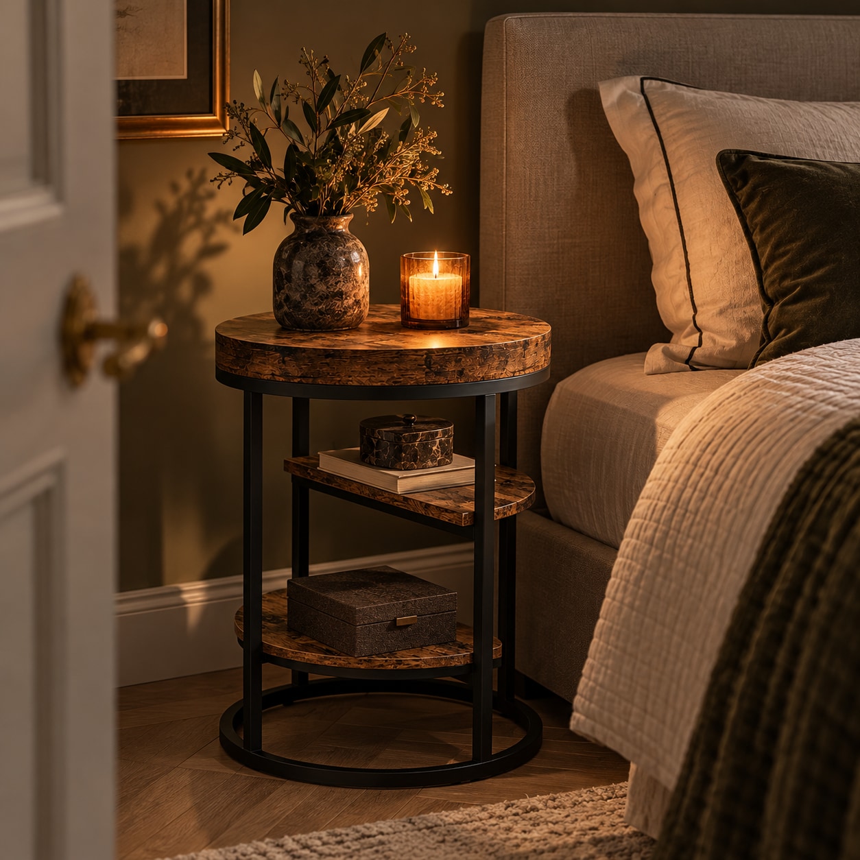 Rundt sidebord med 3 hyller – Rustikk brun/Svart / Sidebord til sofa / Rundt nattbord