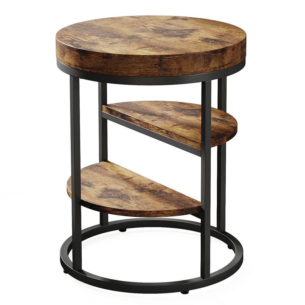 Rundt sidebord med 3 hyller – Rustikk brun/Svart / Sidebord til sofa / Rundt nattbord