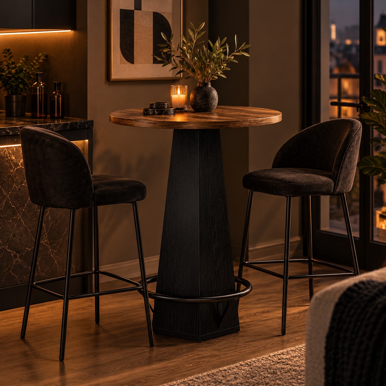 Rundt barbord for 2 personer med fotstøtte – Brun–Svart – Bistrobord – Høyt cocktailbord