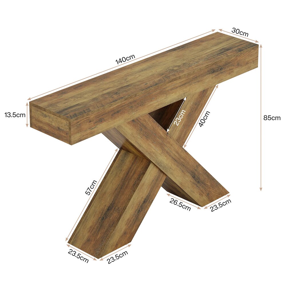 Smalt sidebord med X-formede ben, 140 cm – Rustikk brun / Sidebord / Sofasidebord