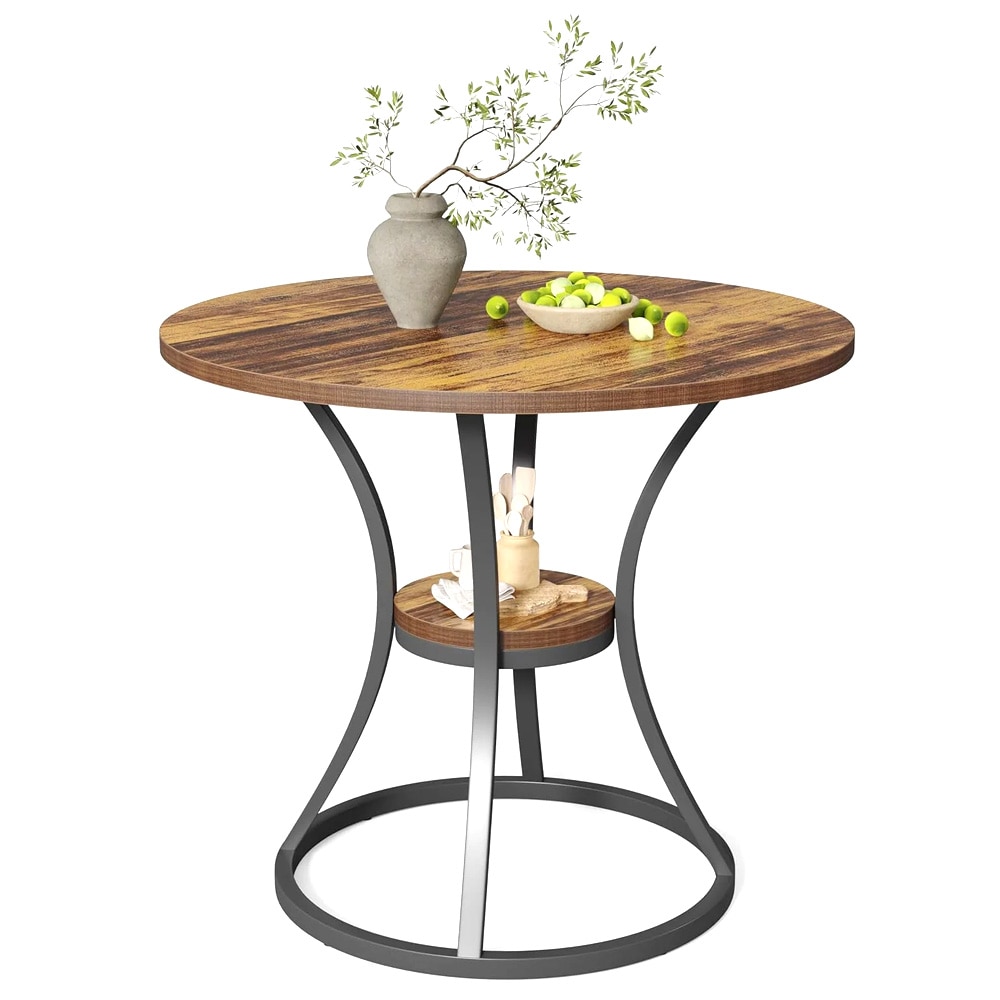 Rundt spisebord med oppbevaringshylle, Ø 80 cm – Brun / Kjøkkenbord med hylle / Lite spisebord