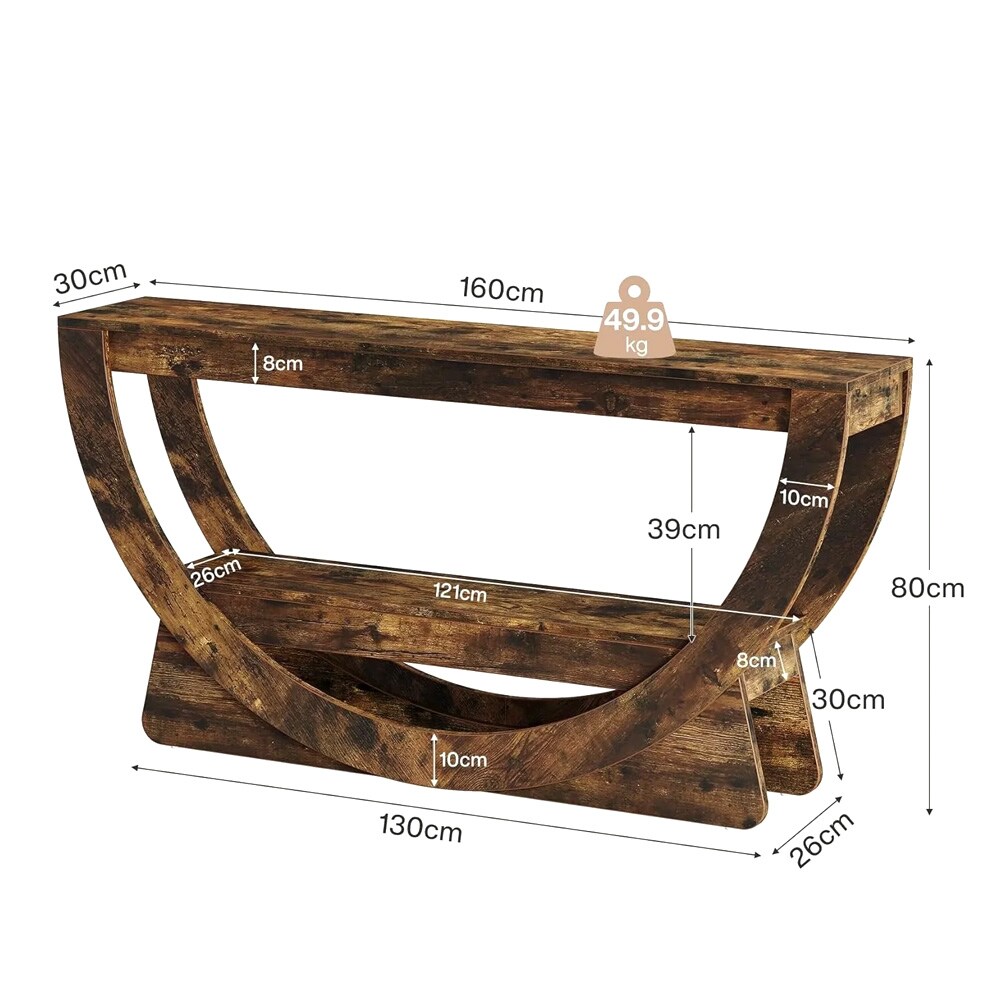 Konsollbord med 2 hyller og buet form, 160 cm – Rustikk brun / Smalt inngangsbord / Sidebord