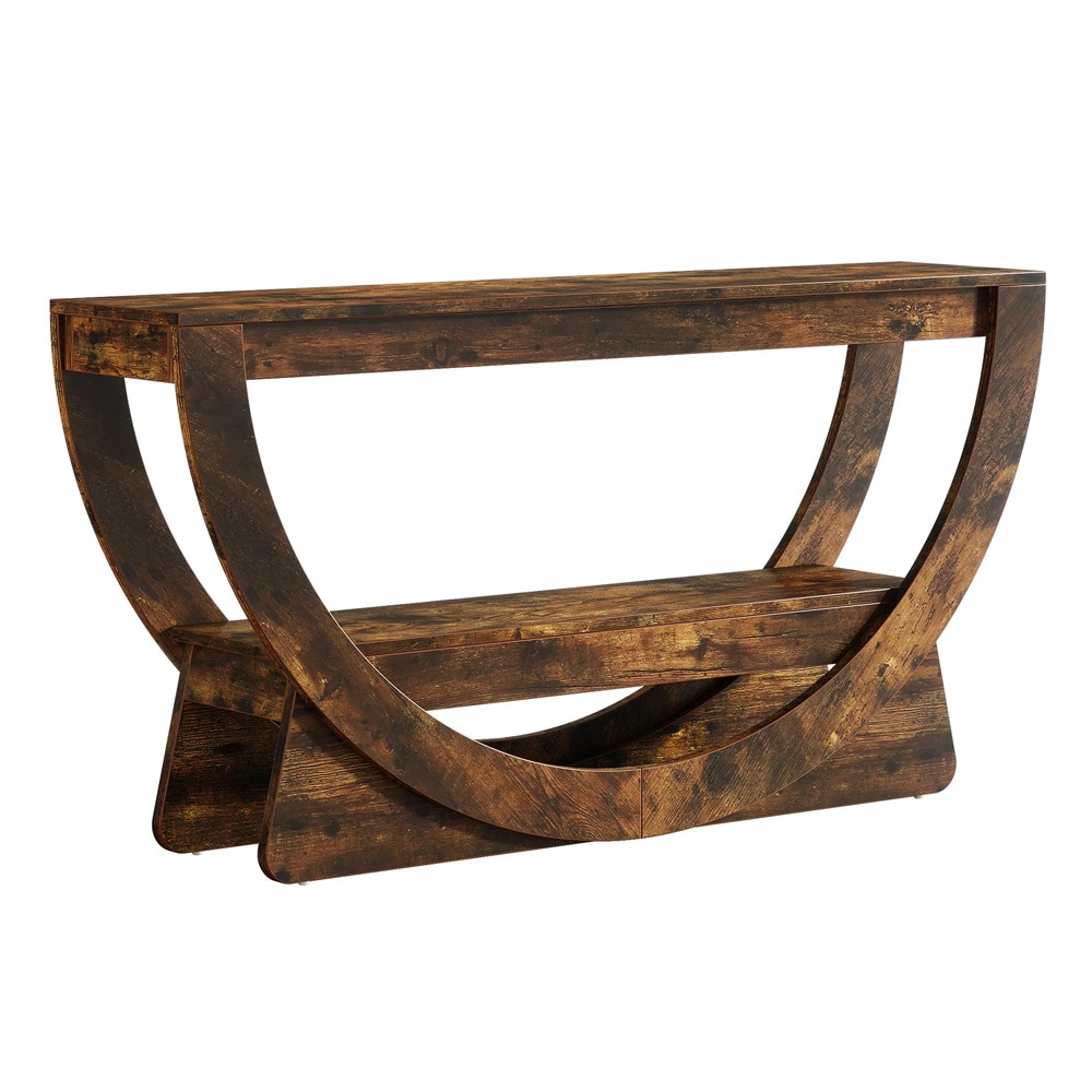 Konsollbord med 2 hyller og buet form, 160 cm – Rustikk brun / Smalt inngangsbord / Sidebord