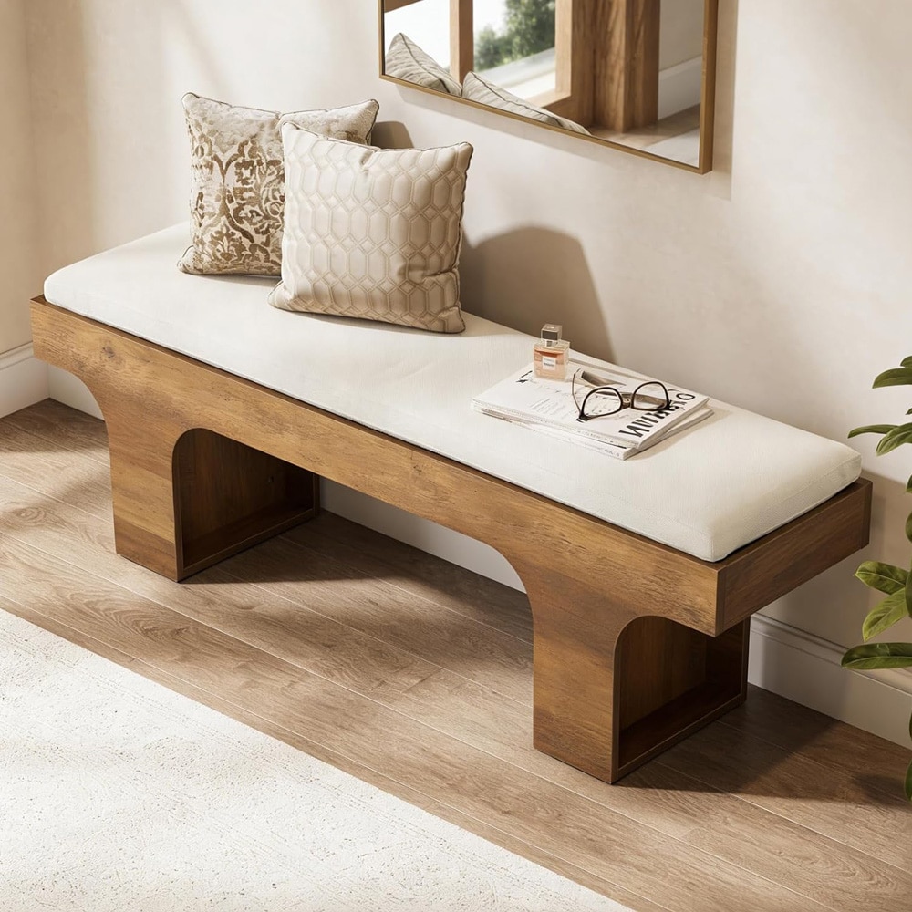 Sittebenk 140×35×45 cm med pute i linstoff / benk / sengebenk – Rustikk brun/beige