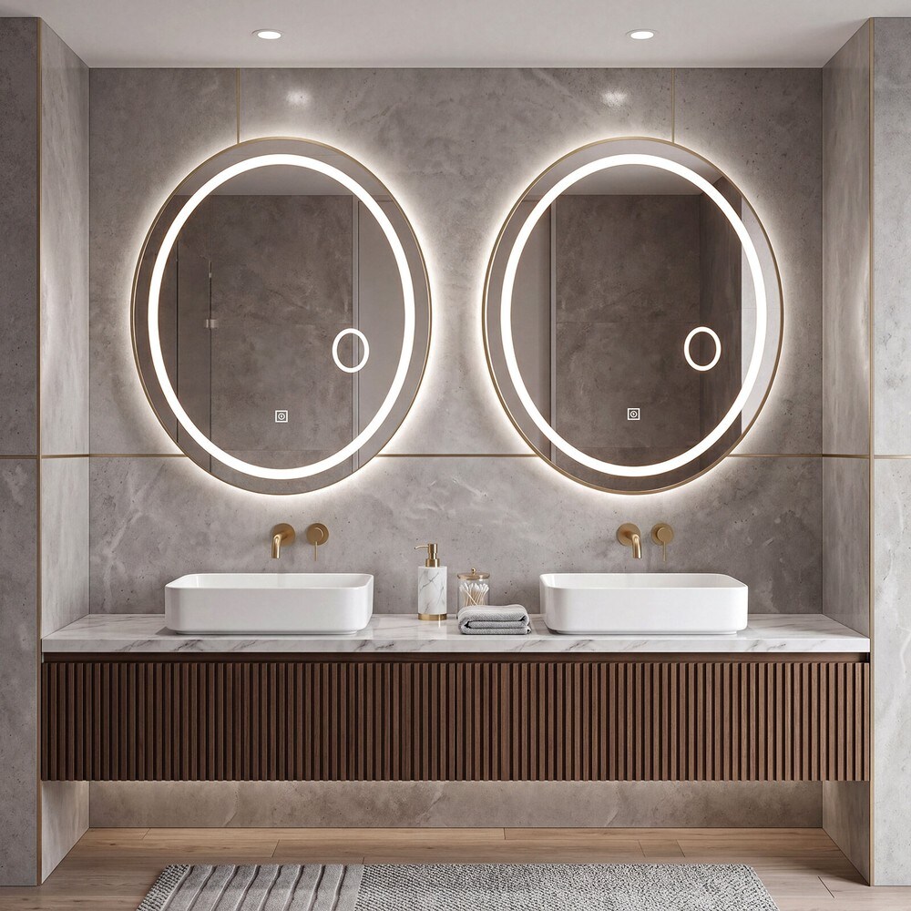 Oval badespeil med LED-belysning, 60 x 50 cm, dimbar – Gull / Veggspeil med lys / Sminkespeil